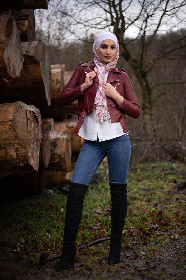 Leather Short Jacket - Wine Red Color - E-Modesta