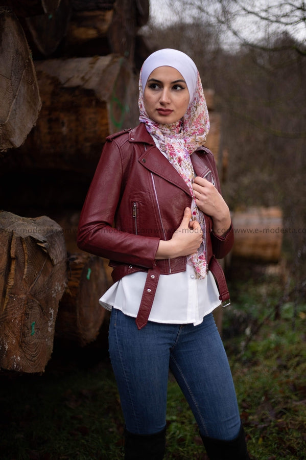 Leather Short Jacket - Wine Red Color - E-Modesta