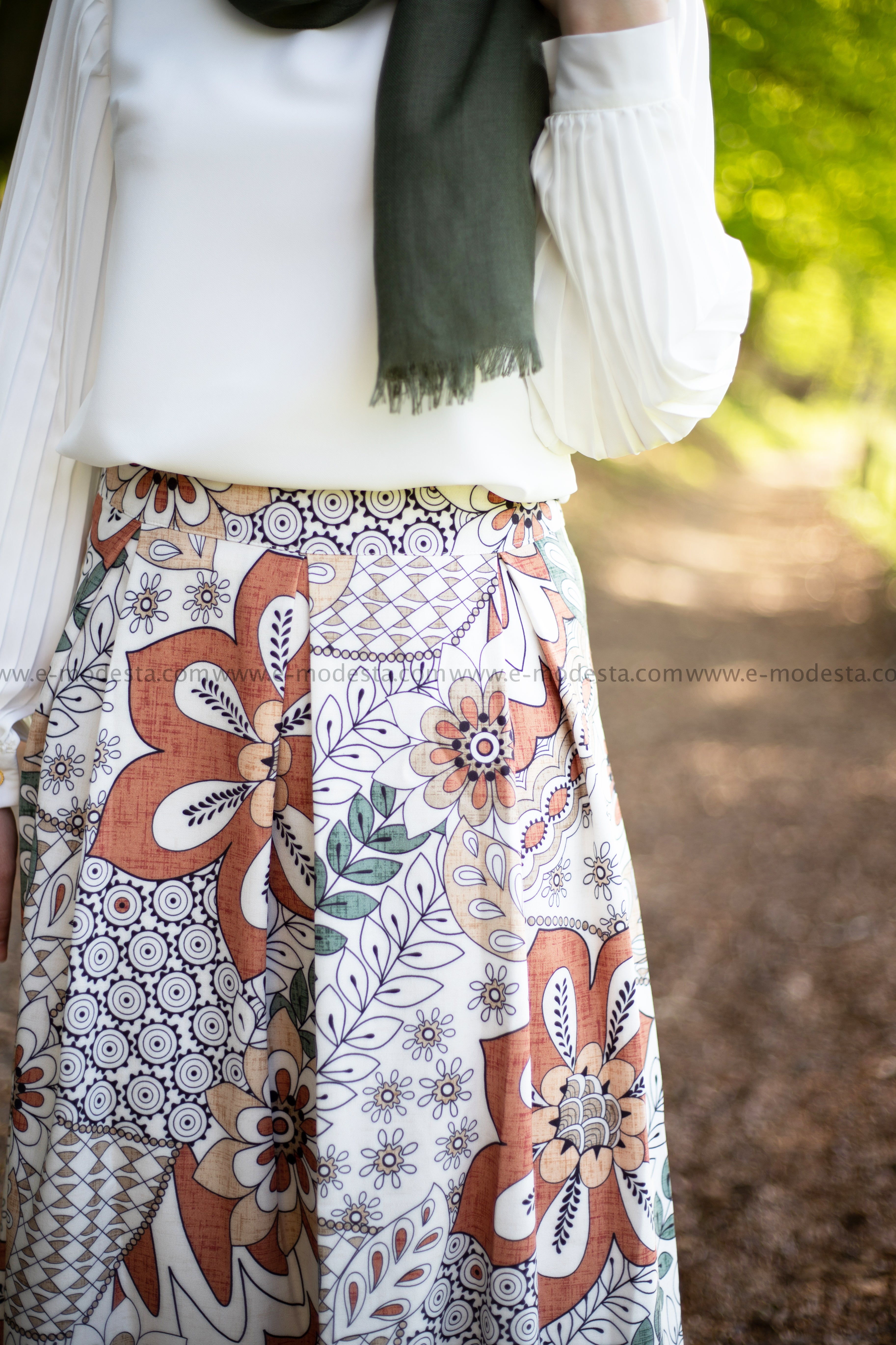 Maxi Floral Skirt | Green & Orange | Lined from Inside - E-Modesta