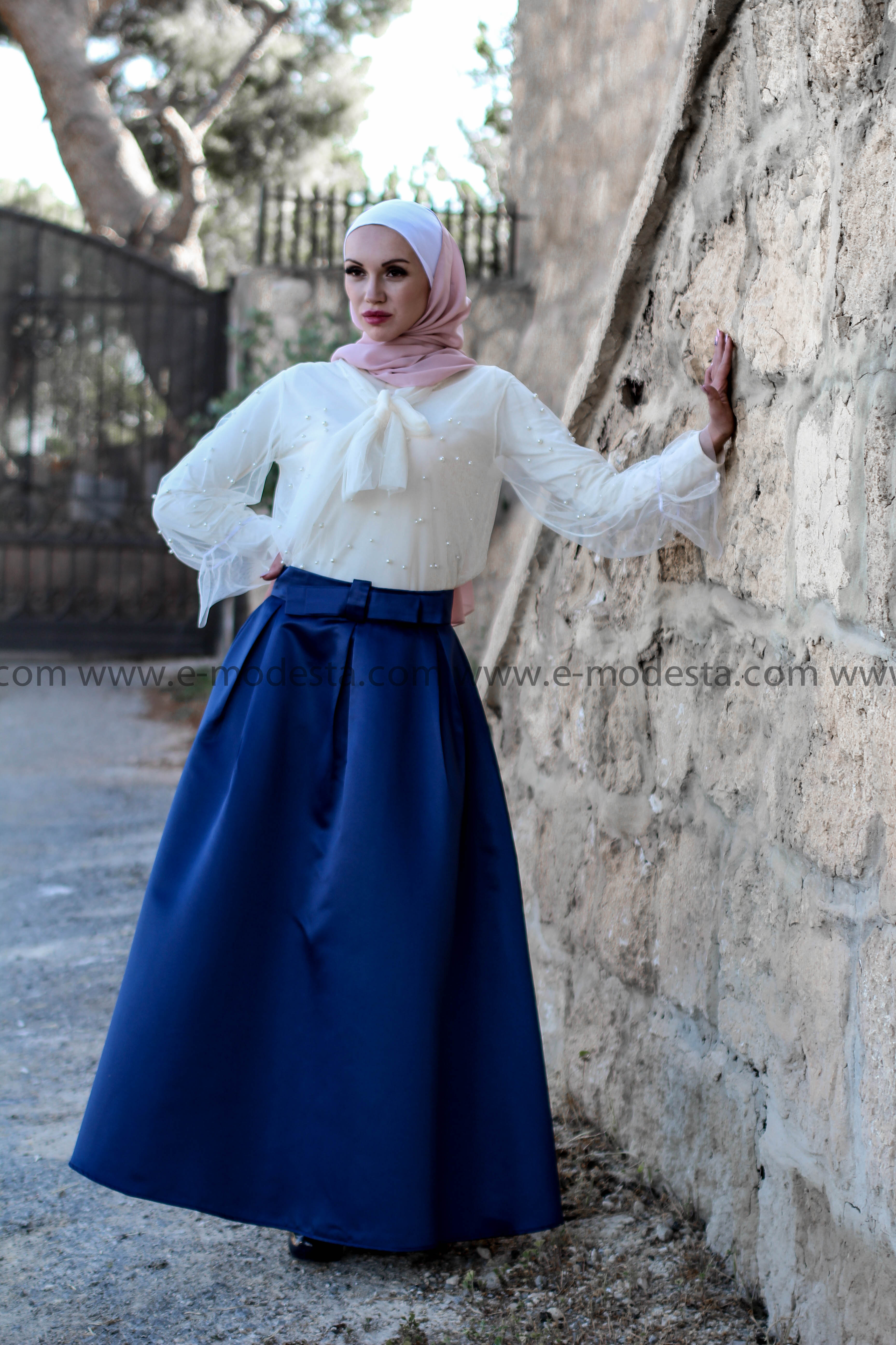 Solid Color Long High Waist Modest Maxi Skirt - Soft Satin - E-Modesta