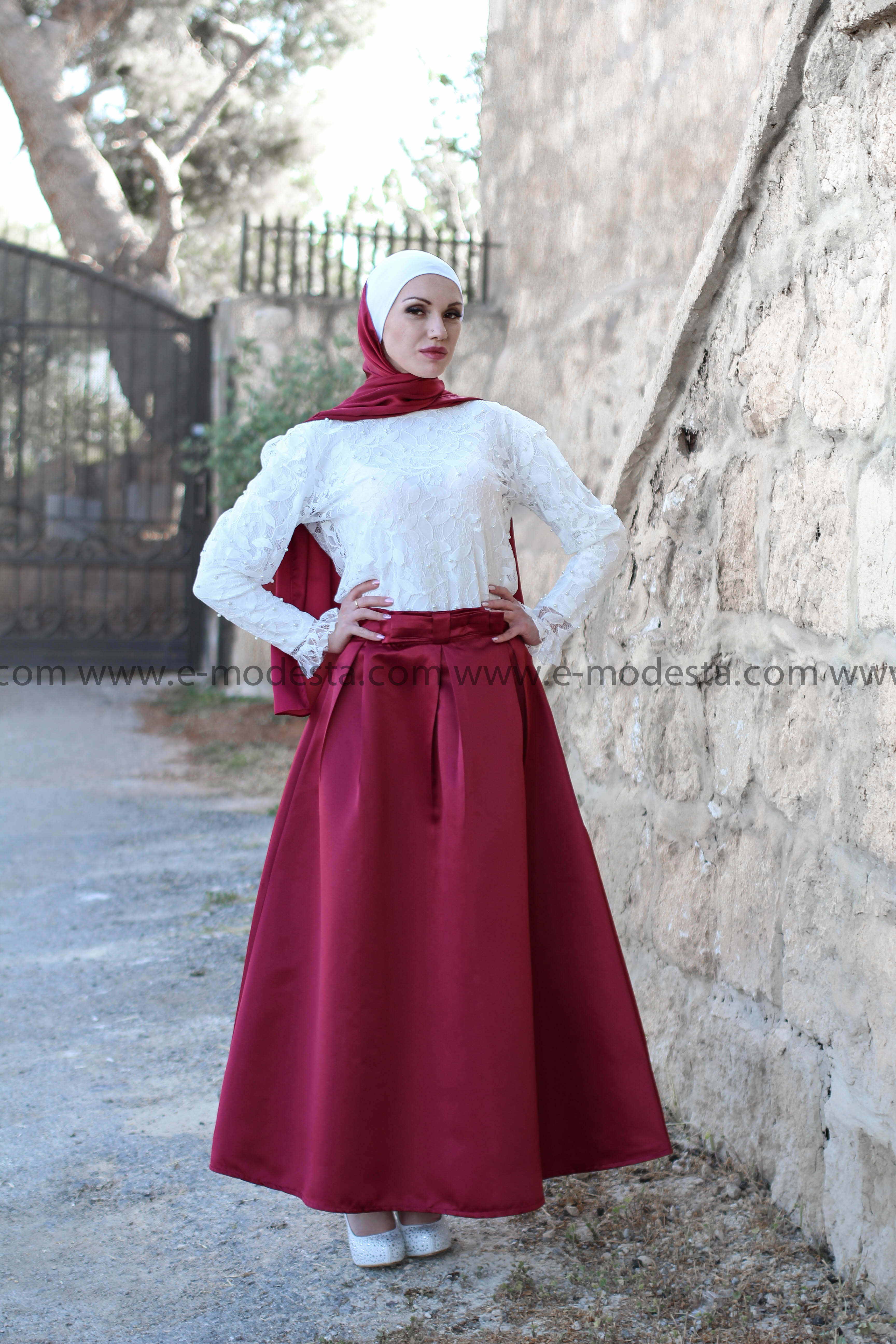 SALE RED Color Long High Waist Modest Maxi Skirt - Soft Satin - E-Modesta