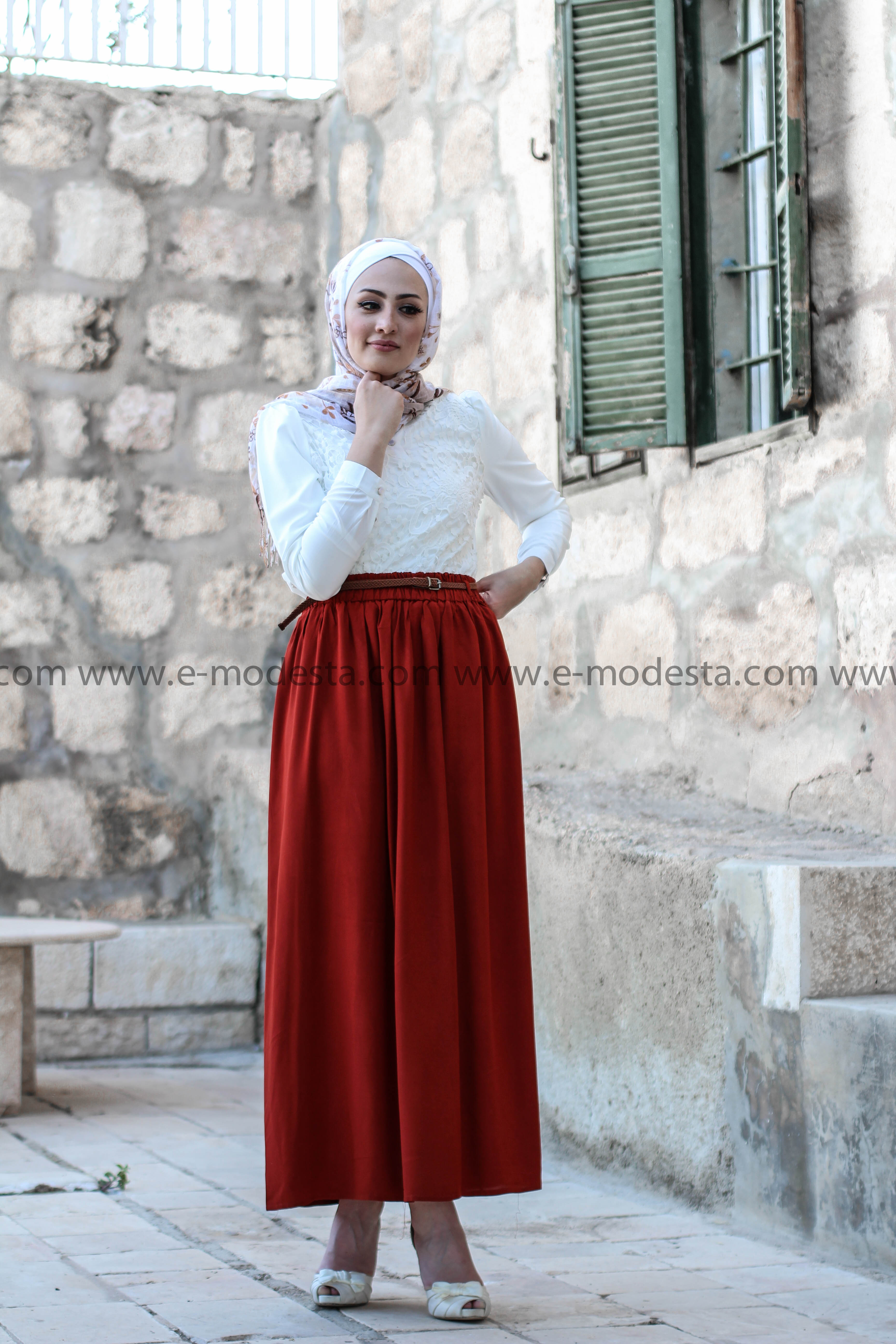 Simple Casual Skirt with Belt - Brick Red - E-Modesta