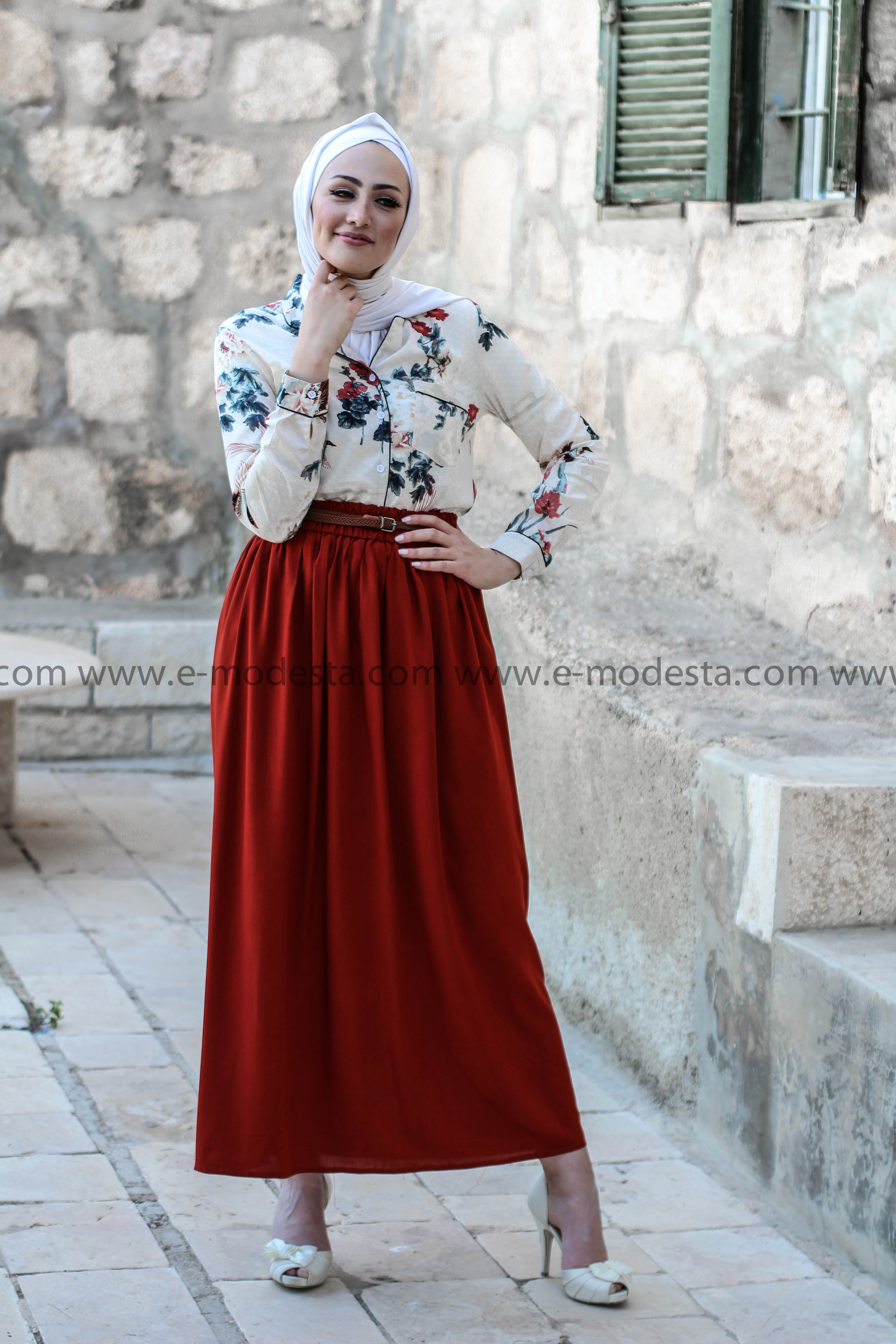 Simple Casual Skirt with Belt - Brick Red - E-Modesta
