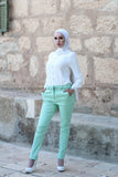 Light Green Fashion Pants & White Lace Shirt Outfit - E-Modesta