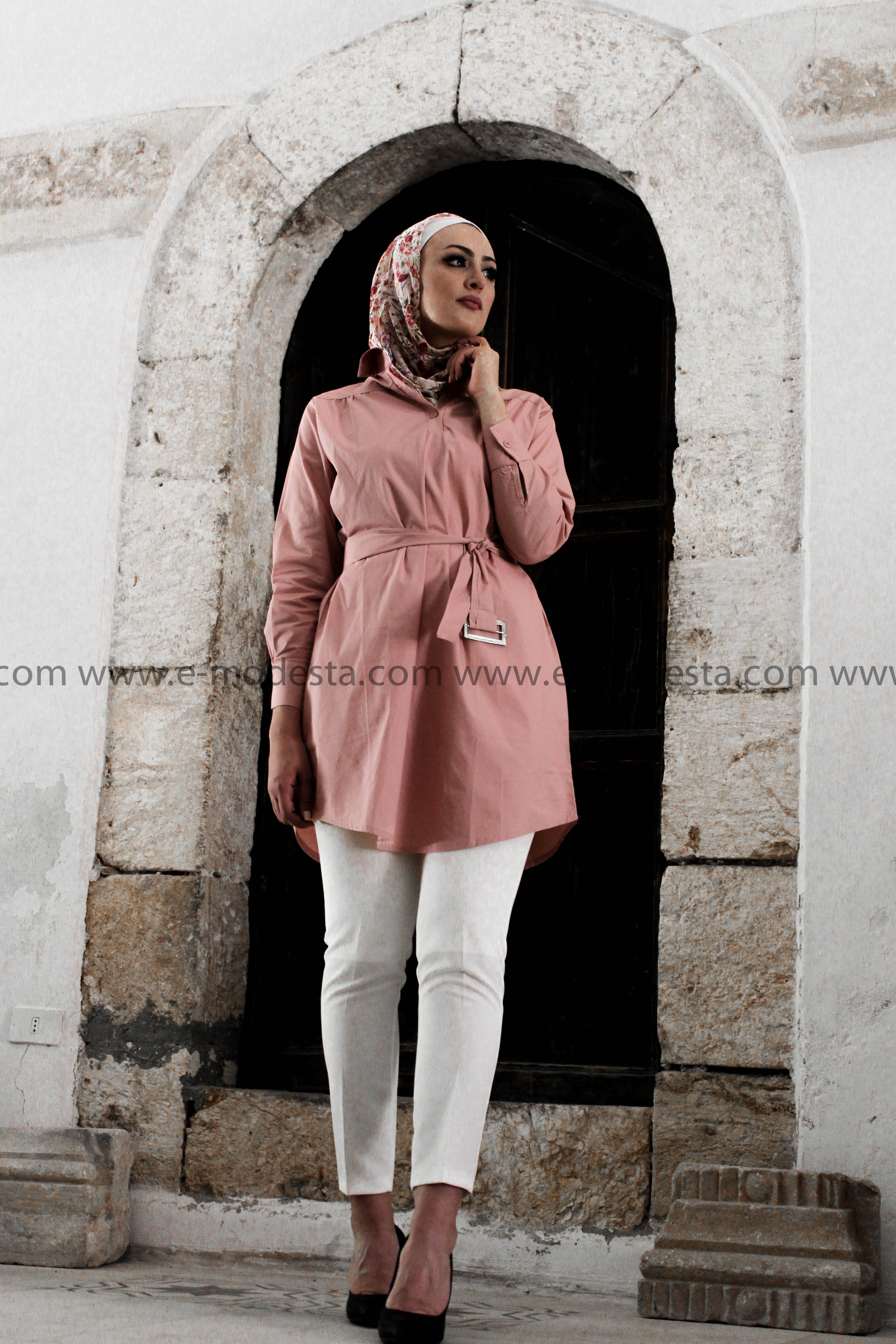 Solid Color Long Blouse with Belt - E-Modesta